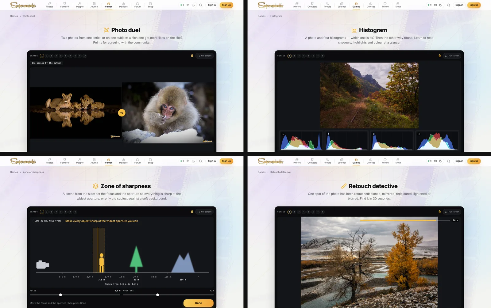 Photo duel, Histogram, Zone of sharpness and Retouch detective