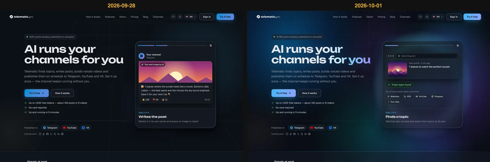 The landing page on September 28 and October 1