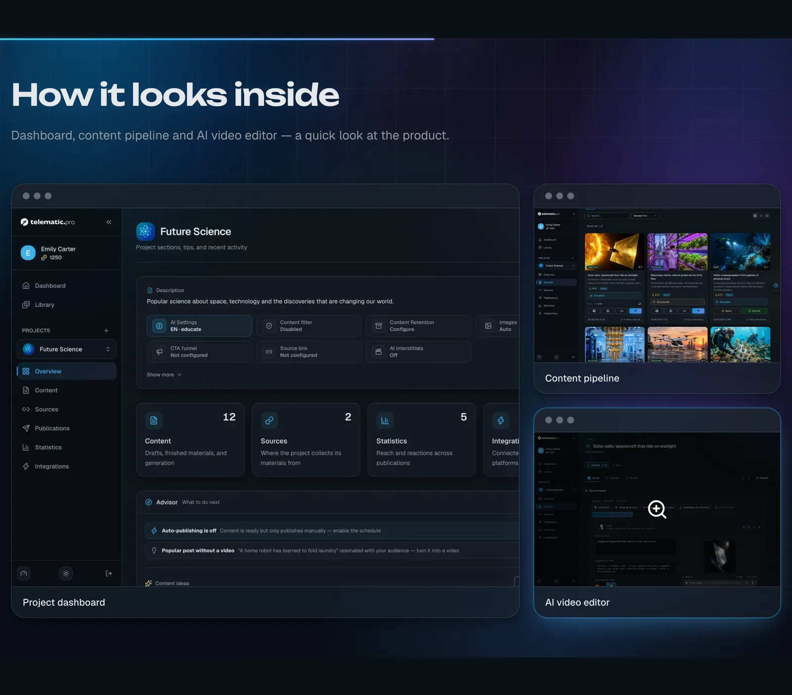 The product showcase in the dark theme